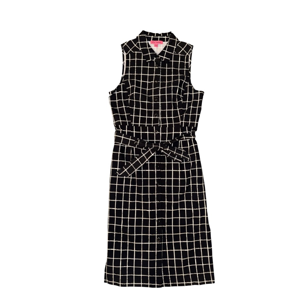 Betsey Johnson Shirt Dress Womens 8 Black Grid Sleeveless Midi Belted